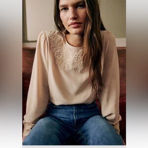 Sezane Cream 100% silk embroidered Carlotine blouse size 6